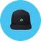 A black cap with a small white logo, shown inside a bright blue circle.