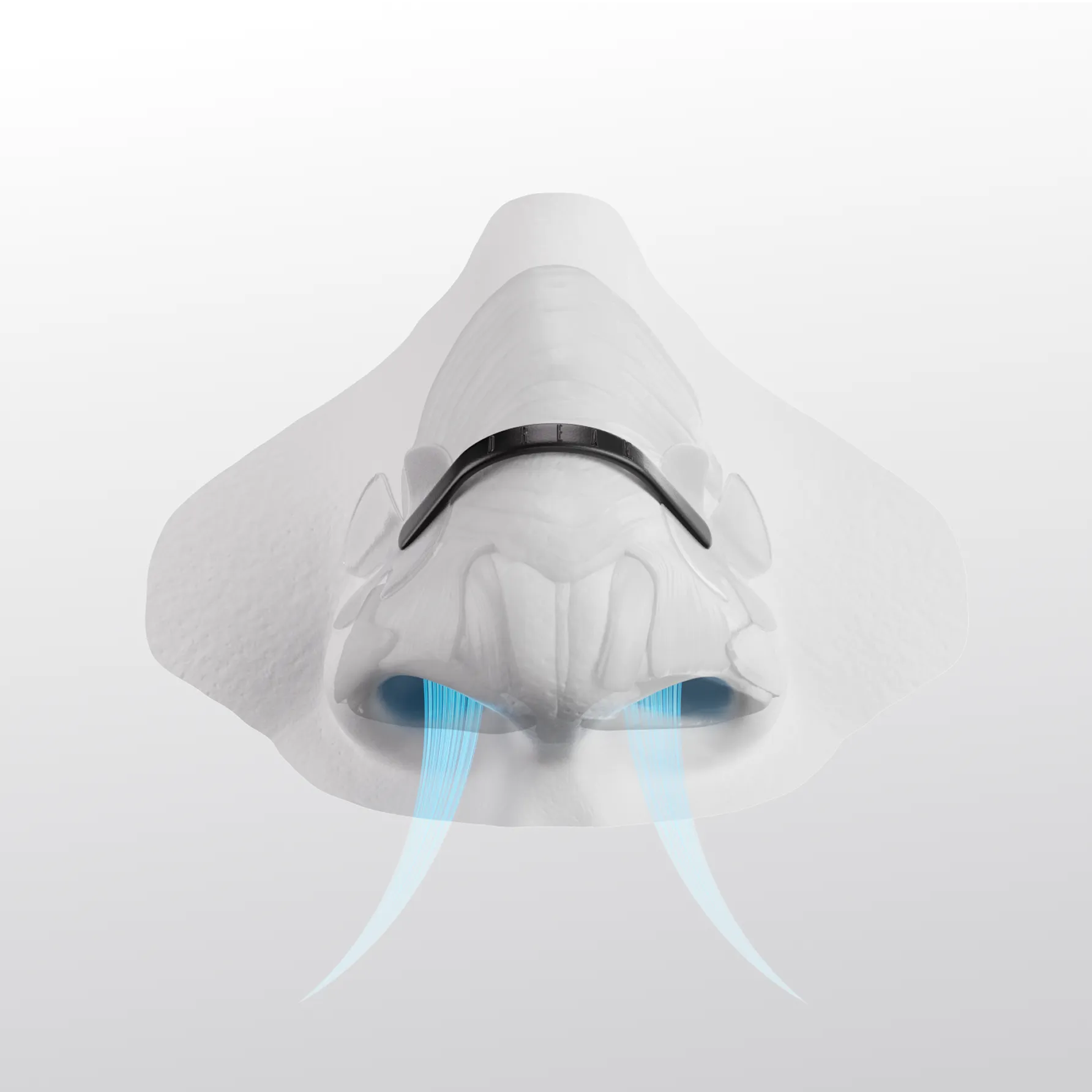 An illustration of a nose with a nasal device, showing blue graphics representing airflow through the nostrils.