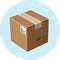 An icon of a sealed cardboard shipping box with a label, inside a light blue circle.