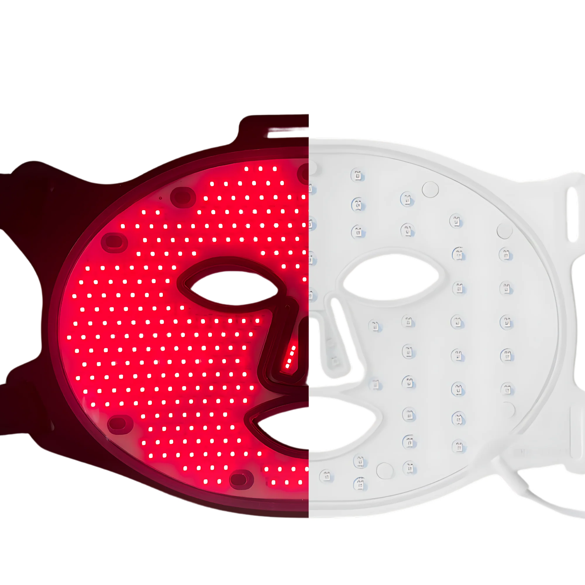 Half red LED mask, half white LED mask with eye cutouts.