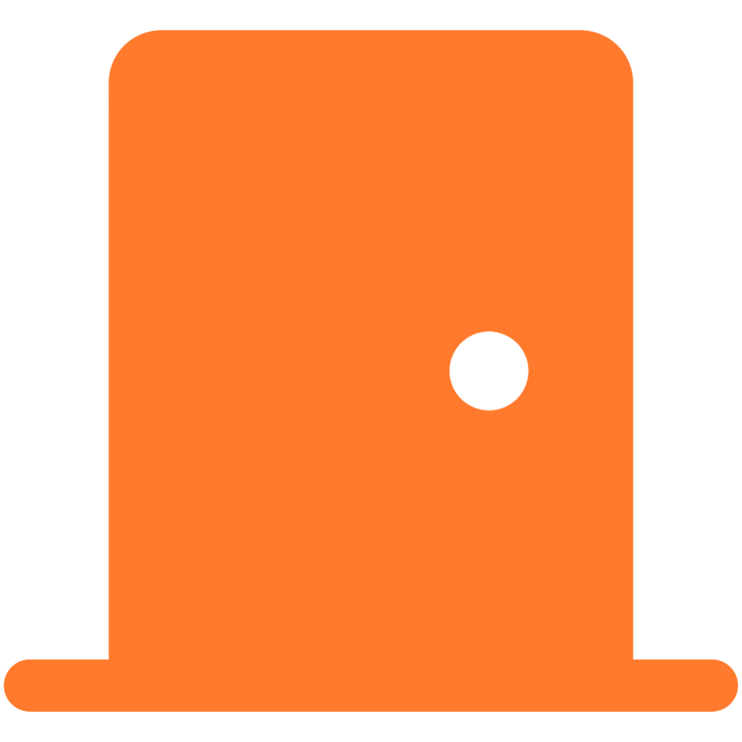 Orange door icon with a black circular doorknob.