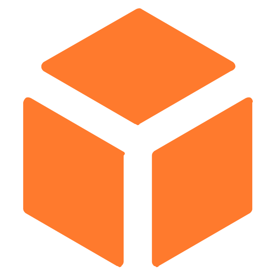 Orange hexagonal 3D cube shape on a white background.