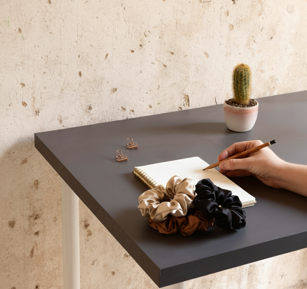 Hand holding pencil, notebook, scrunchies, cactus on table.