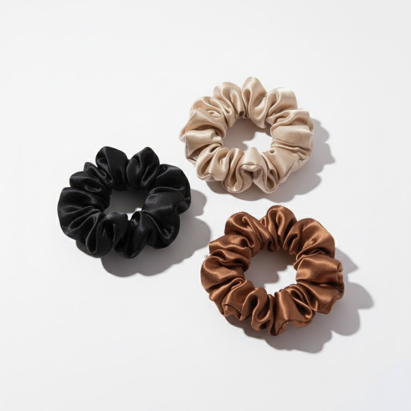 Three satin scrunchies in black, beige, and brown on a white background.