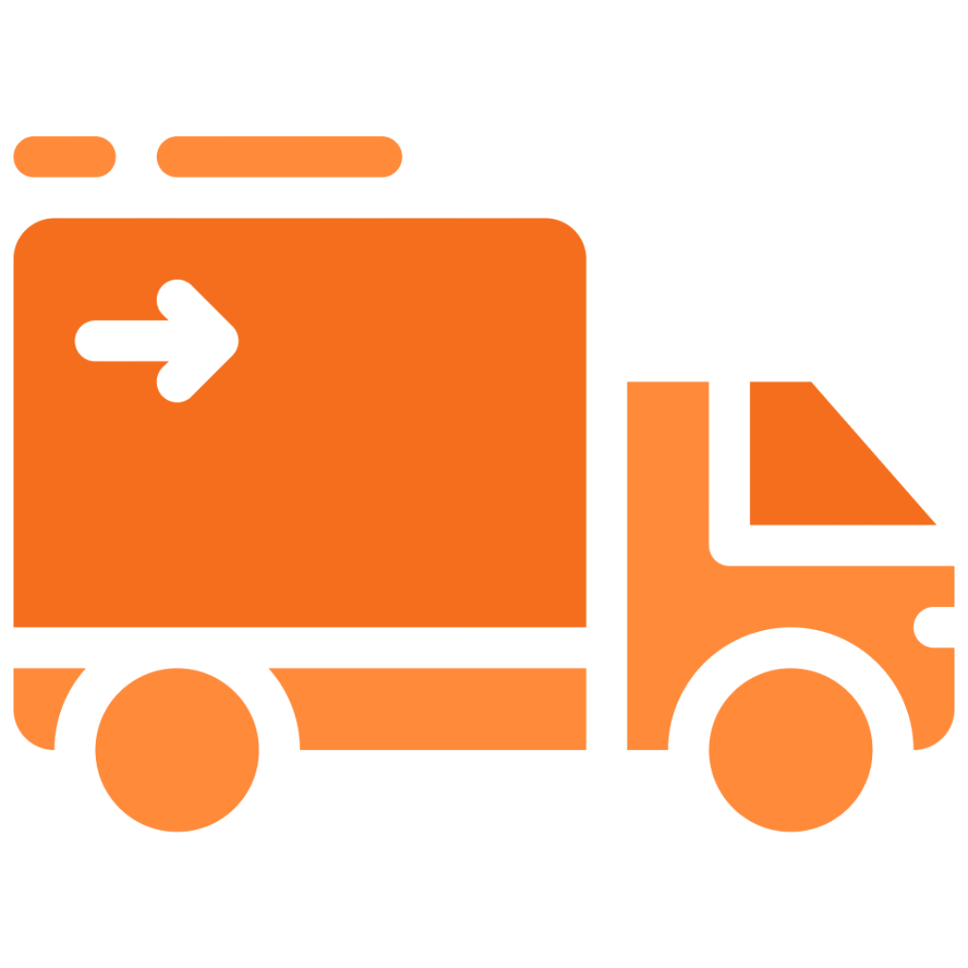 Orange delivery truck icon with an arrow pointing right.