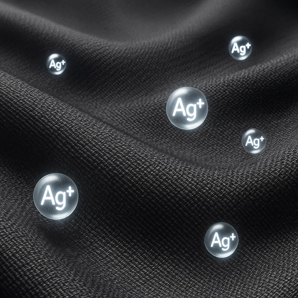 3D spheres with 'Ag+' symbol on dark textured fabric.