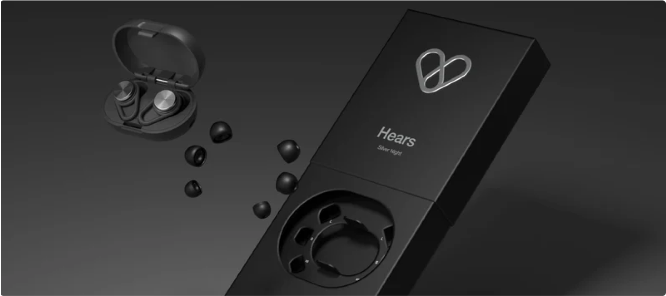 Black wireless earbuds with charging case and packaging on a dark background.