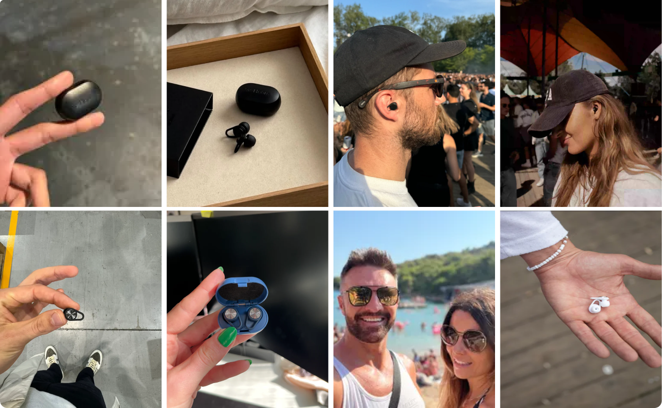 Collage of people wearing earbuds and individuals holding earbud cases.