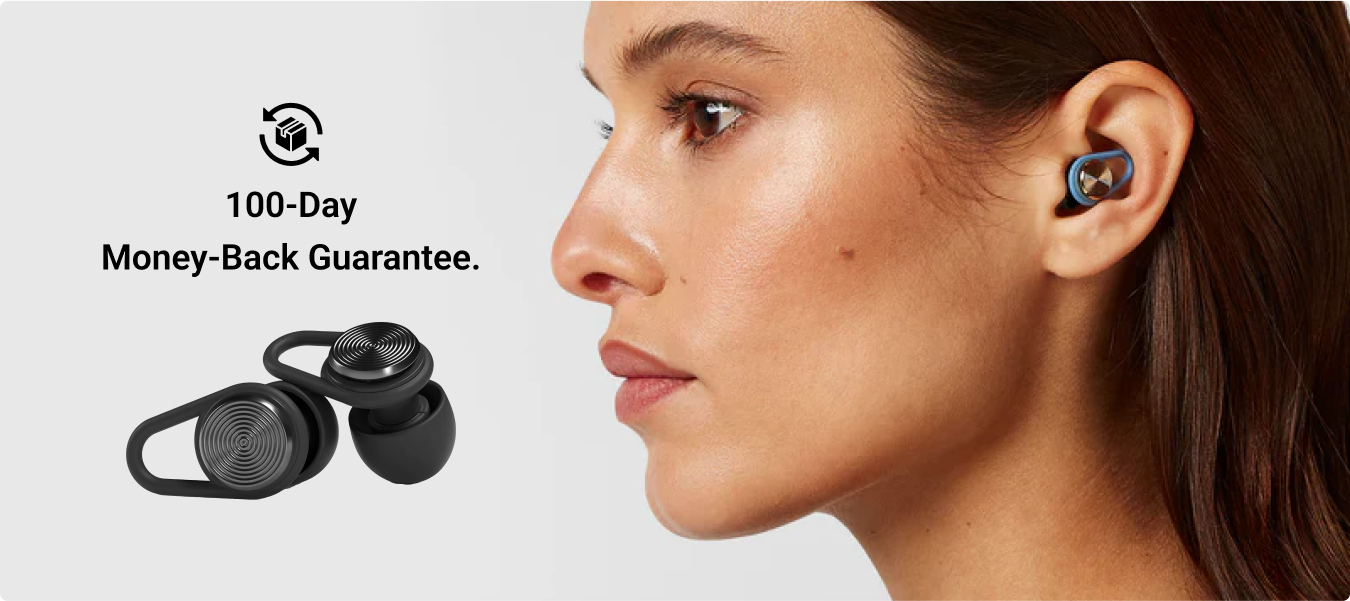 Woman wearing earbuds with text '100-Day Money-Back Guarantee.'