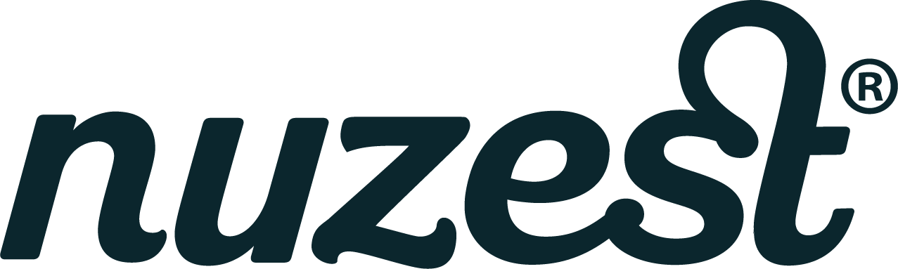 Black 'nuzest' logo with a stylized registered trademark symbol.