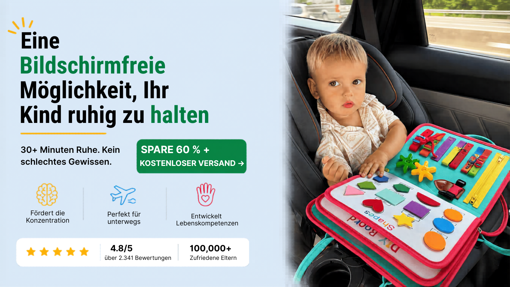 A toddler in a car seat plays with a colorful activity board next to German advertising text.