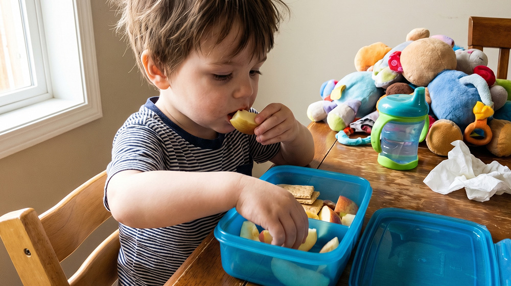 A young boy in a striped shirt eats apple slices from a blue container at a table.