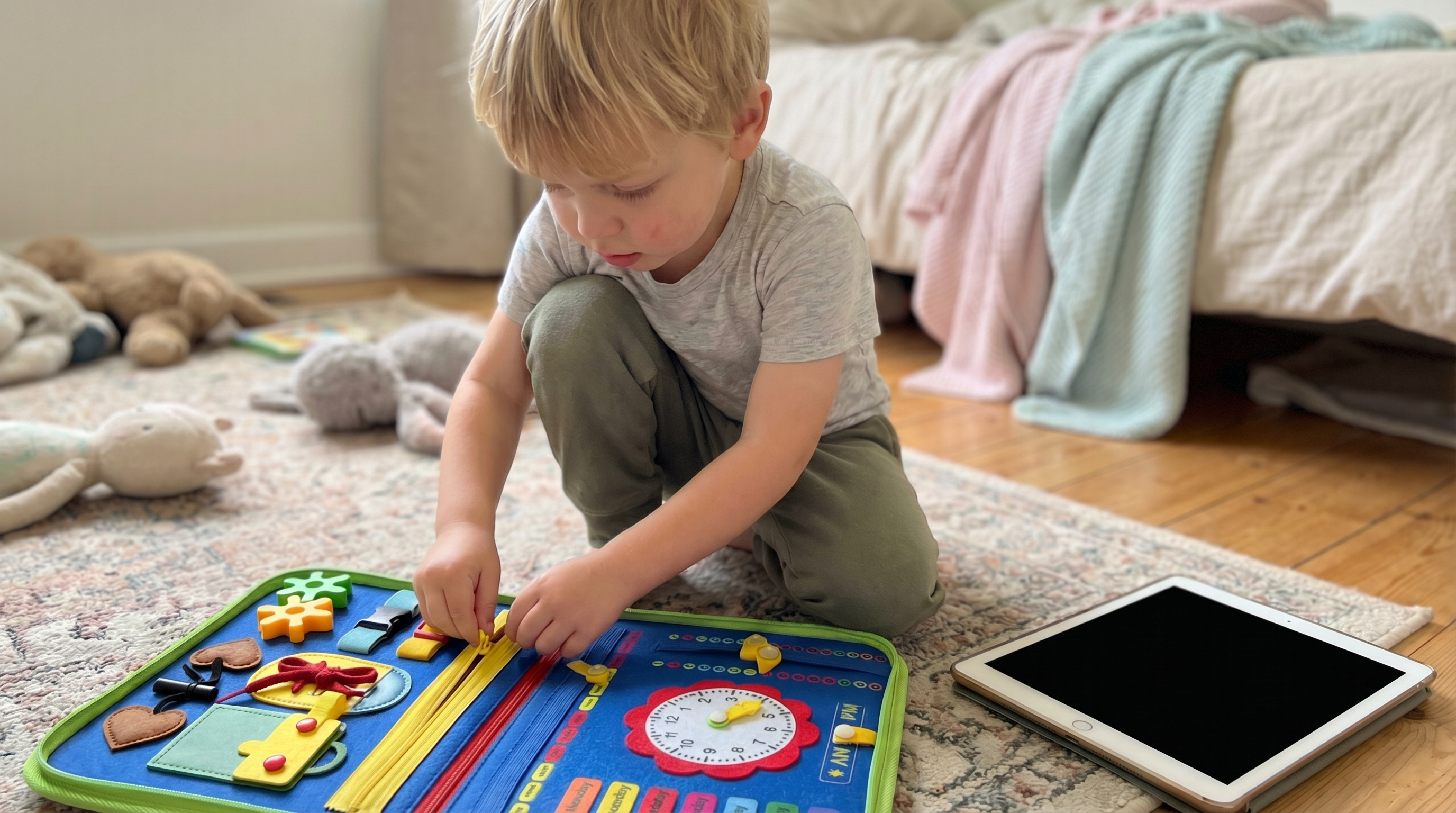 A young child kneels on a rug, playing intently with a colorful, fabric busy board.
