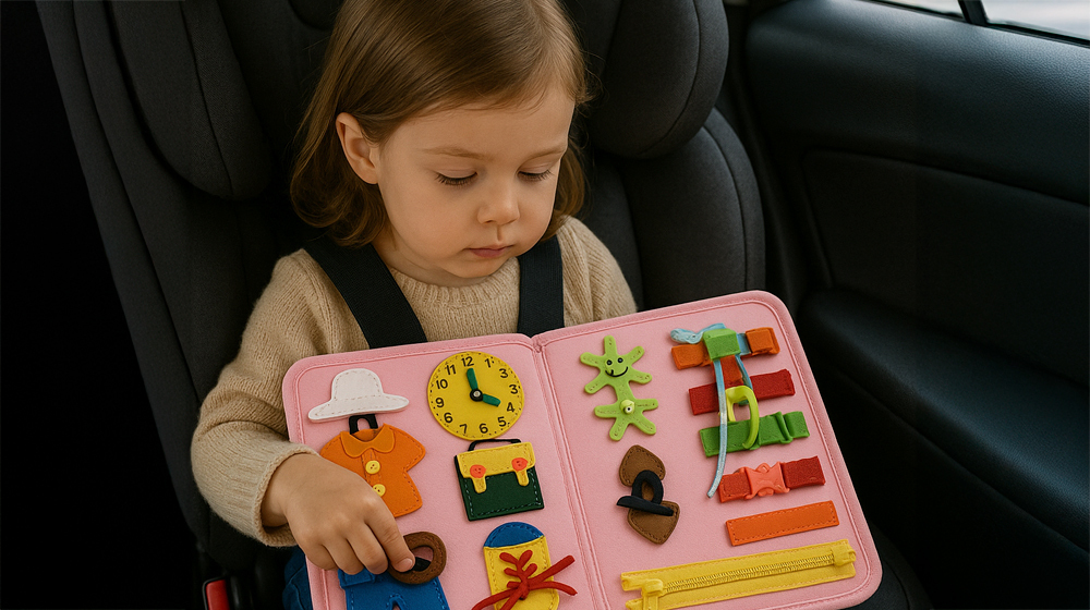 Child in car seat playing with a colorful activity book.