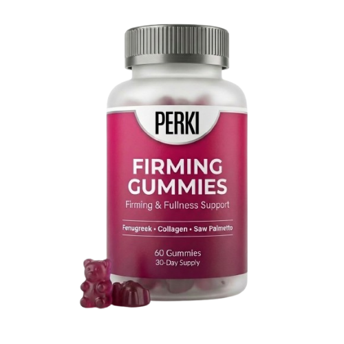 A bottle of Perki Firming Gummies with two gummies, one shaped like a bear, next to it.