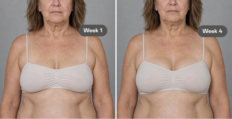 A side-by-side comparison of a woman's chest and neck, labeled Week 1 and Week 4.