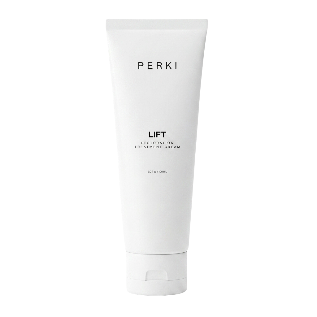 A white pump bottle of Perki Lift Restoration Treatment Cream on a white background.