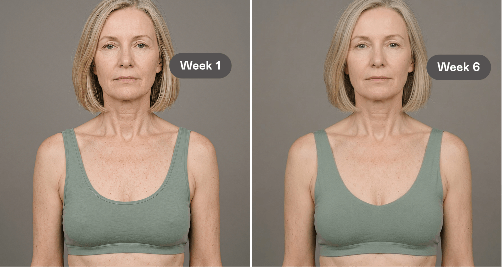 A before-and-after comparison of a woman's face, neck, and chest, labeled Week 1 and Week 6.