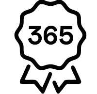 A line icon of a prize ribbon or seal with the number 365 in the center.