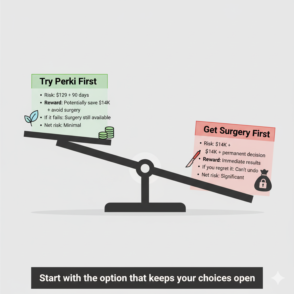 Illustration of a seesaw comparing risks and rewards of two options: 'Try Perki First' and 'Get Surgery First'.