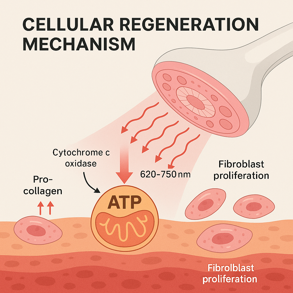 Diagram illustrating cellular regeneration mechanism with ATP, fibroblasts, and light wavelengths.
