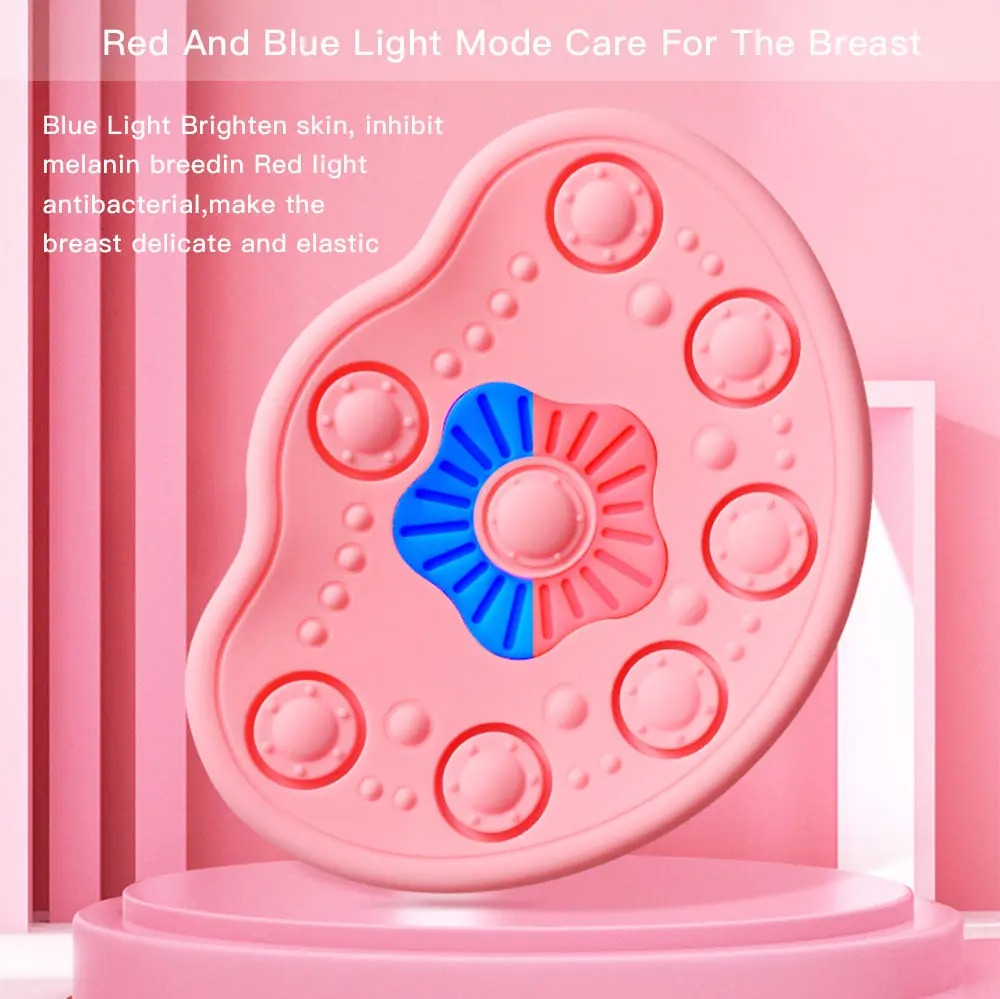 Pink and blue circular device with text about light therapy for skin care.