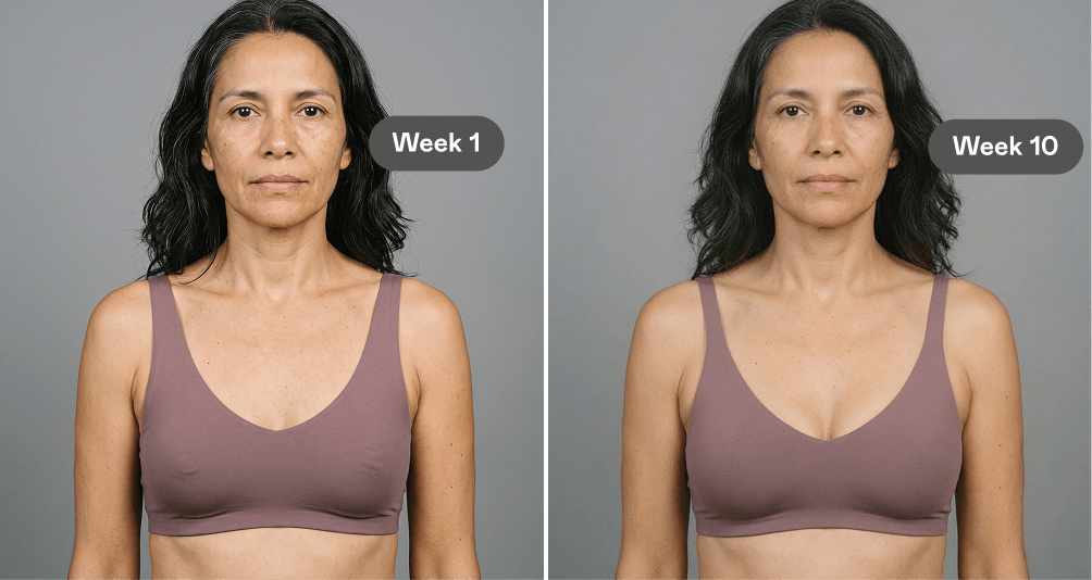 A side-by-side before and after photo of a woman's bust, labeled 'Week 1' and 'Week 10'.