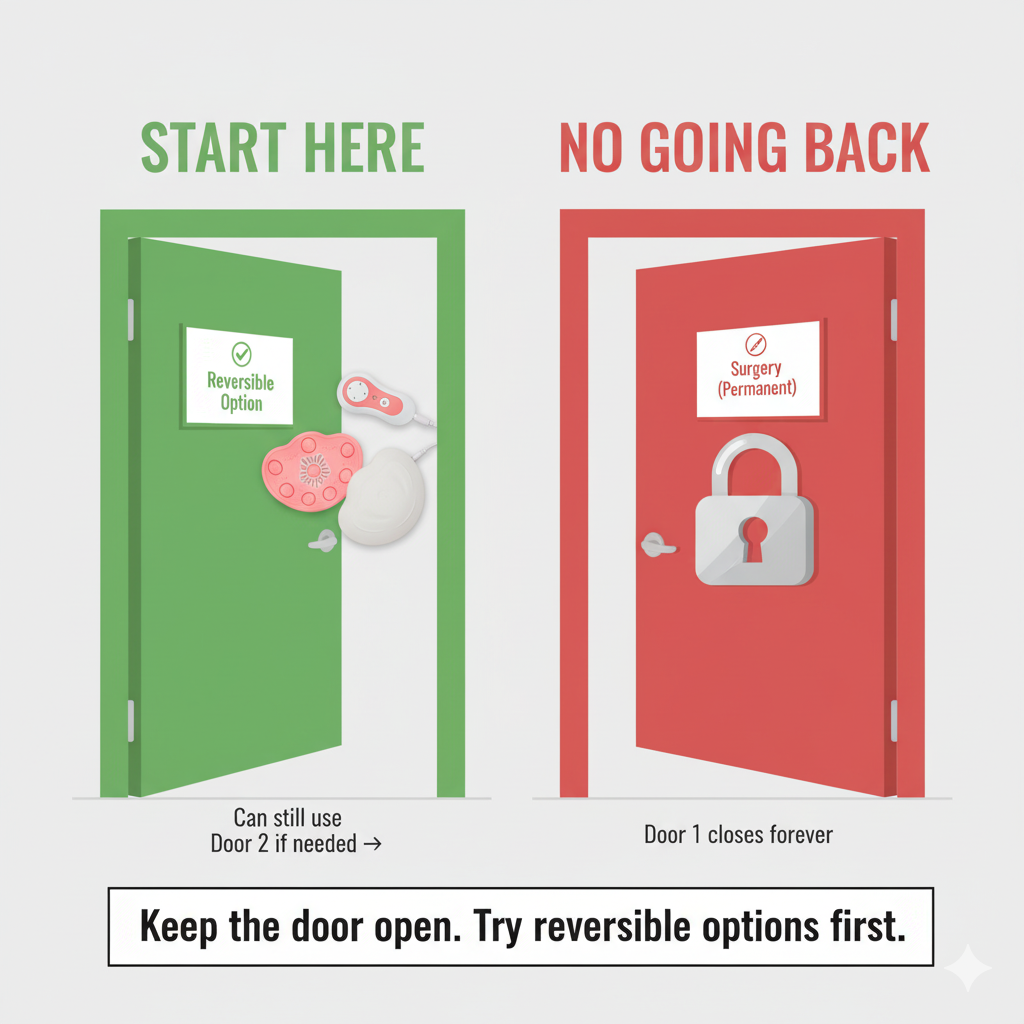 Green and red doors labeled reversible and permanent options, with a lock on the red door.
