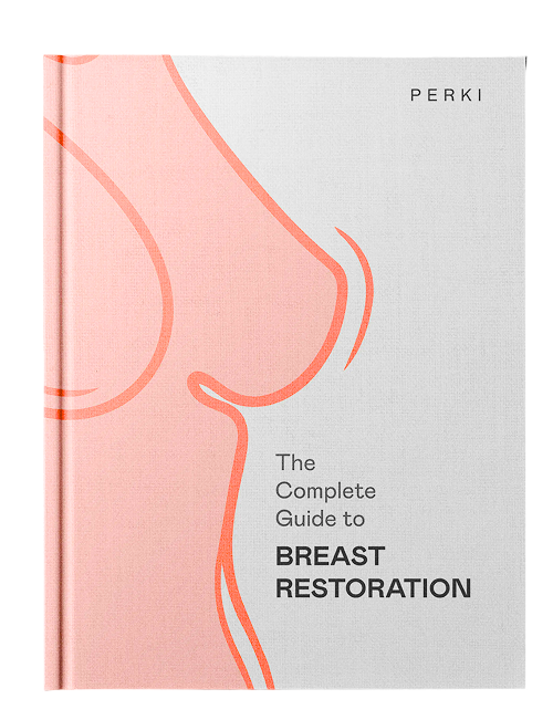 A book cover with a pink line drawing of a female torso and chest against a gray background.