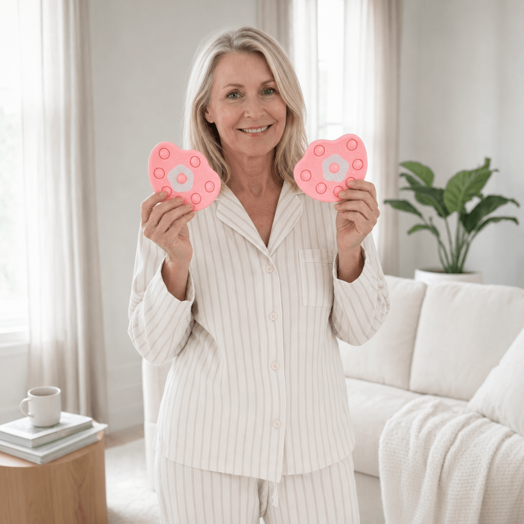 A smiling woman in striped pajamas holds up two pink, flower-shaped objects in a living room.