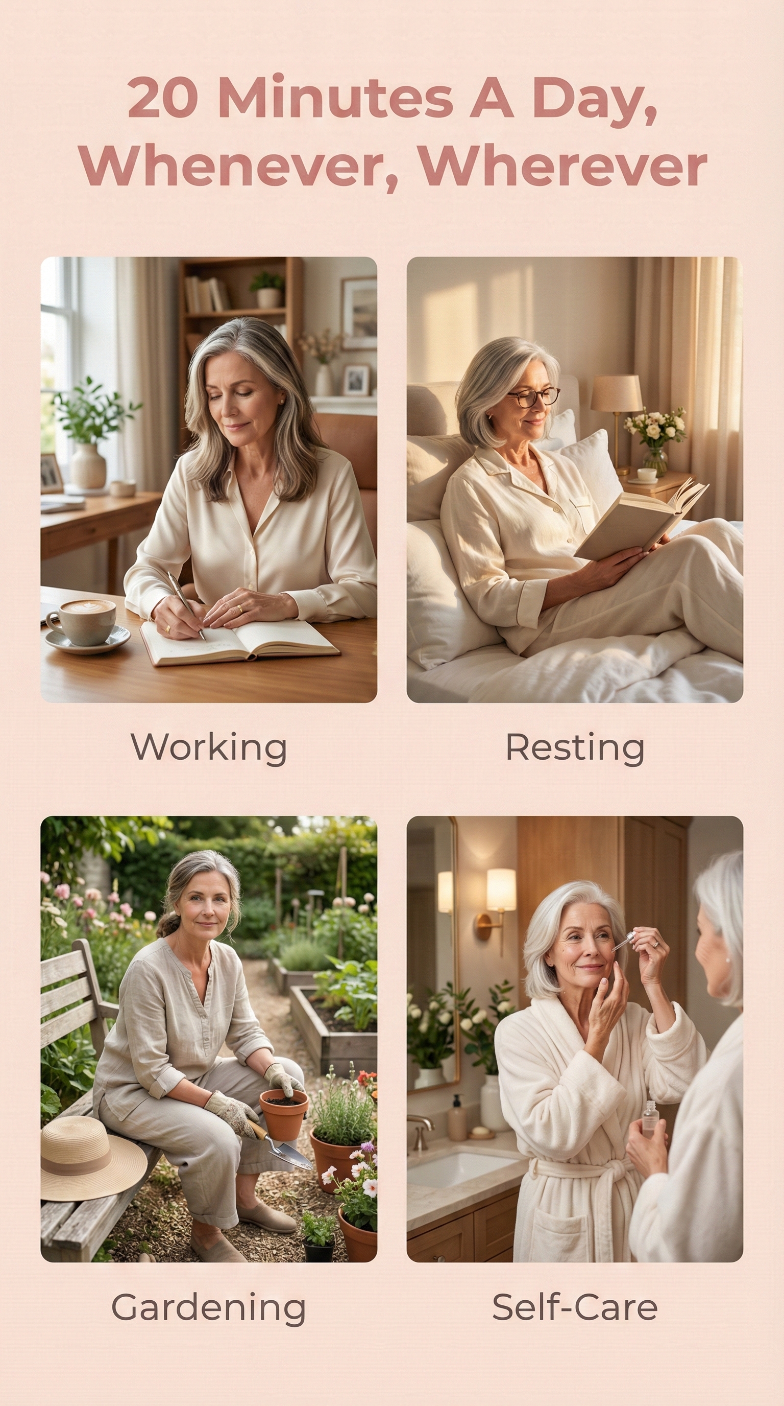 A collage showing a woman working, resting, gardening, and performing self-care, with the text, '20 Minutes A Day'.