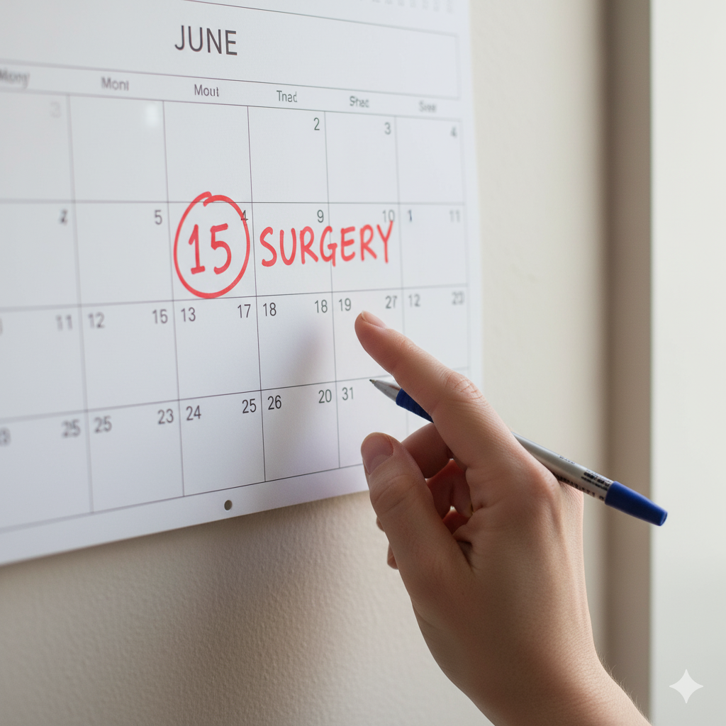A hand pointing at a calendar marked '15 Surgery.'