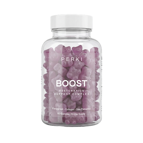A clear bottle with a white lid, filled with purple, bear-shaped gummies labeled 'PERKI BOOST'.