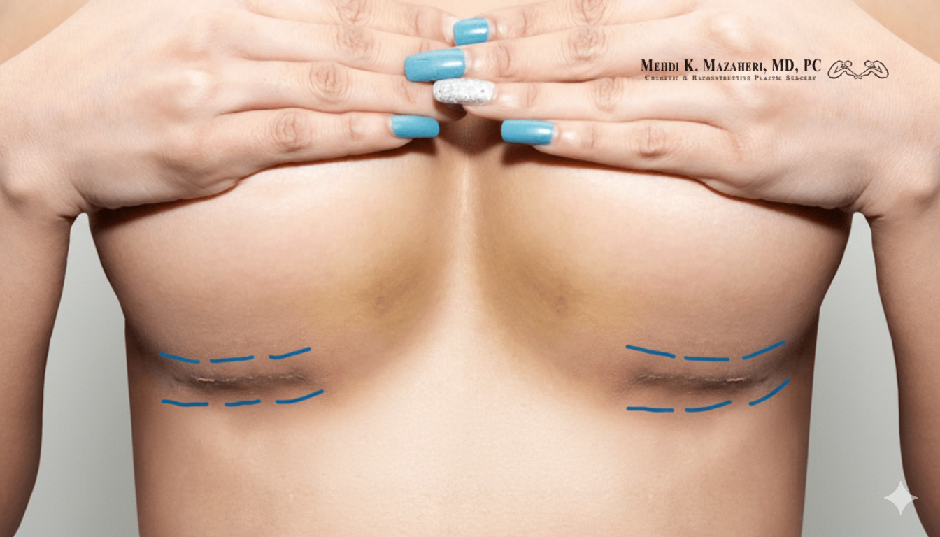 Close-up of a person's chest with hands covering the top area, showing scars under breasts.