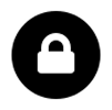 A white icon of a closed padlock on a solid black circular background.