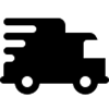 A black silhouette icon of a truck moving quickly, with motion lines trailing behind it.