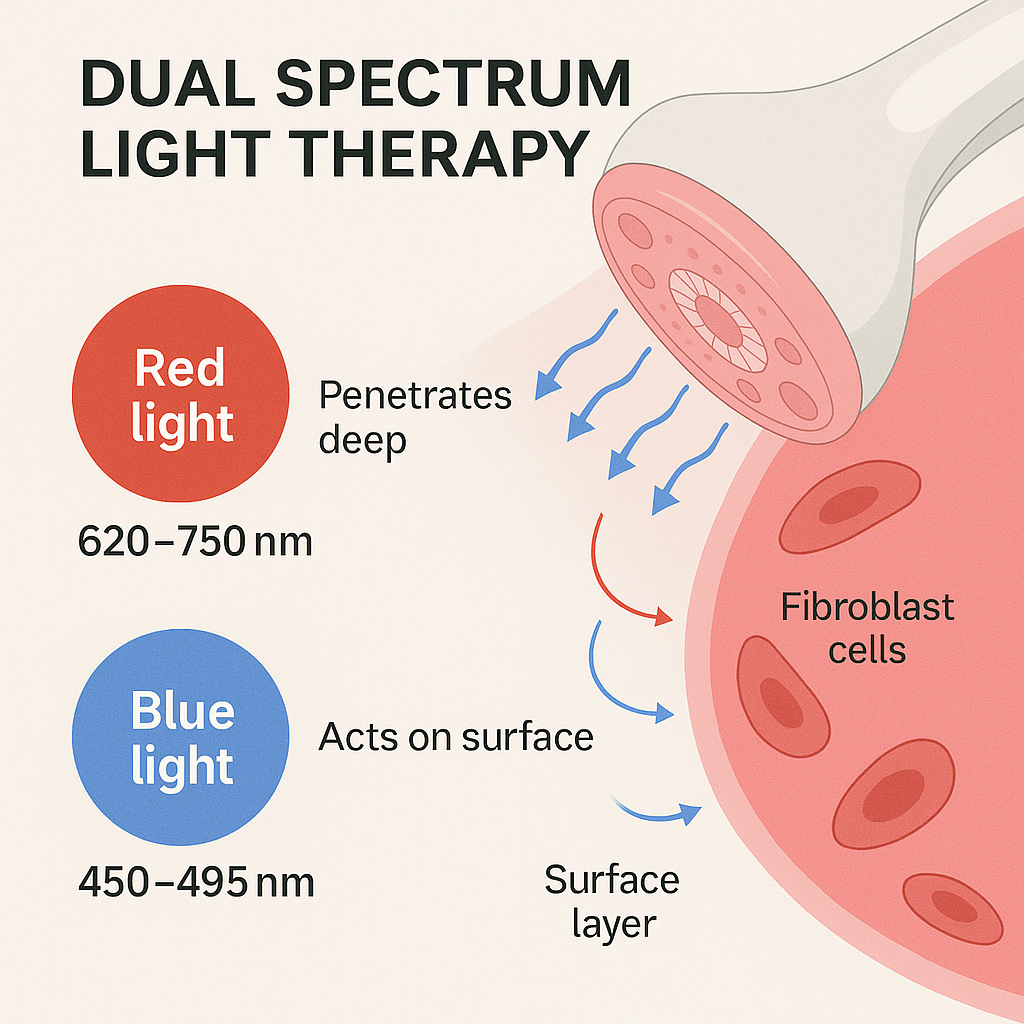 Diagram of dual spectrum light therapy with red and blue light effects on skin layers.