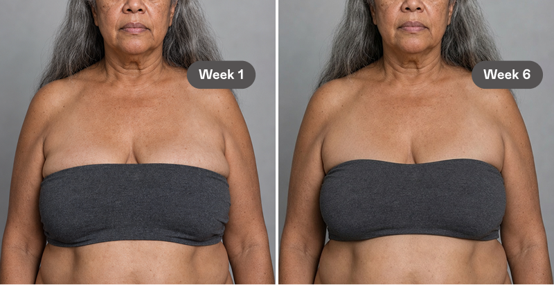 A before-and-after comparison showing a woman's torso and chest area, labeled 'Week 1' and 'Week 6'.