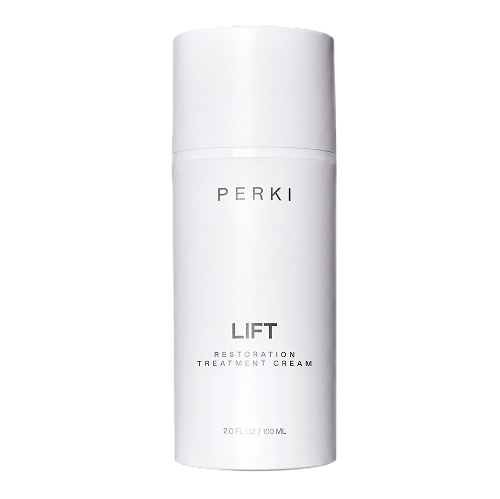 A white pump bottle of Perki Lift Restoration Treatment Cream on a white background.