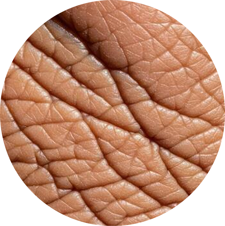 A circular macro photograph showing the detailed lines and texture of human skin.