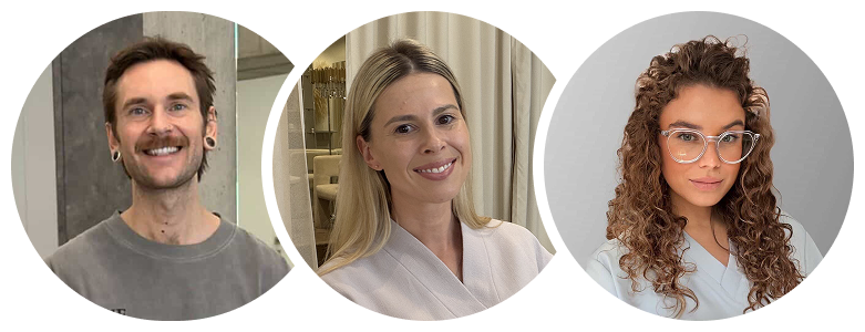 Three circular headshots in a row of one man and two women, all smiling.