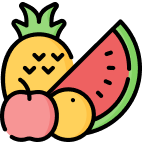 Illustration of a pineapple, watermelon, cherry, and orange.