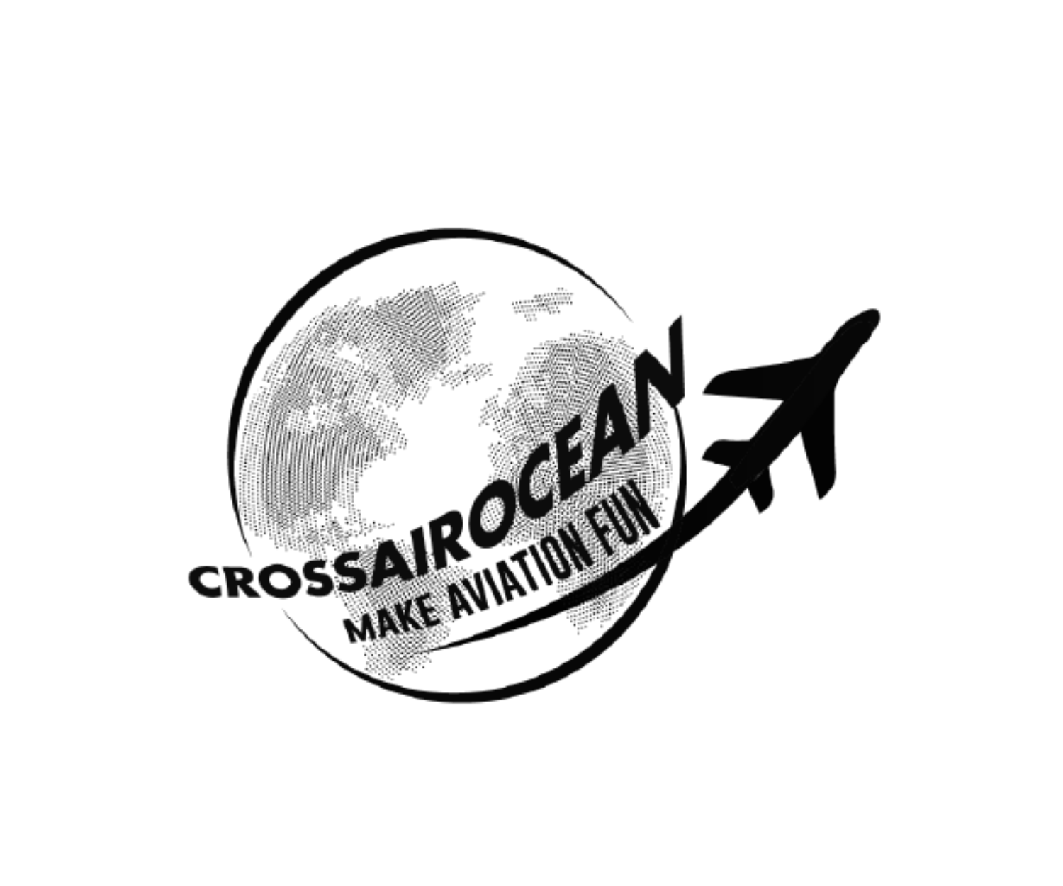 Airplane silhouette over globe with text 'Crossairocean make aviation fun'.
