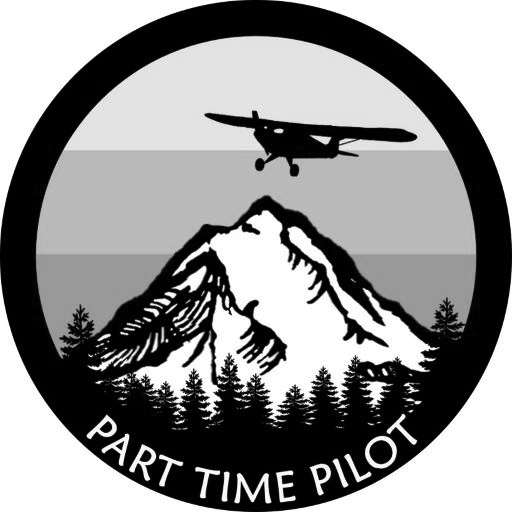 Silhouette of a plane flying over a mountain with trees, labeled 'Part Time Pilot.'