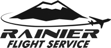 Logo of Rainier Flight Service with a mountain and airplane silhouette.