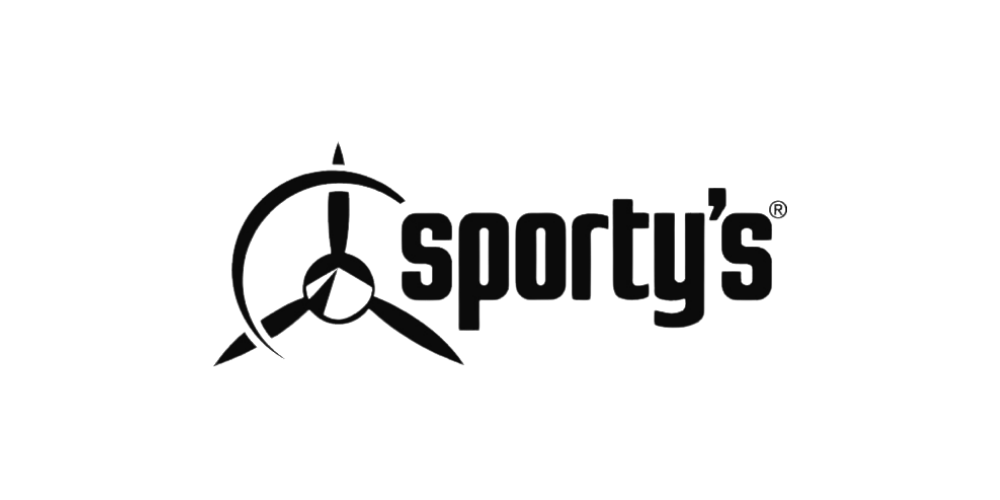 Logo with a propeller and the word 'sporty's' in black.