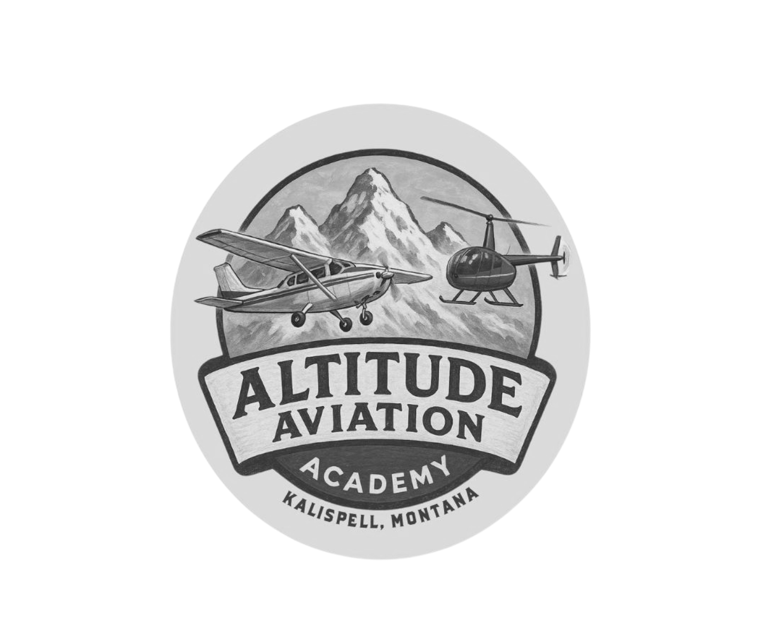 Logo of Altitude Aviation Academy with airplane, helicopter, and mountains.