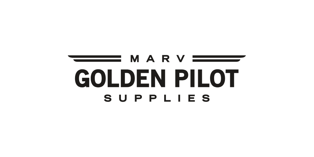 Logo with text 'Marv Golden Pilot Supplies' on a black background.