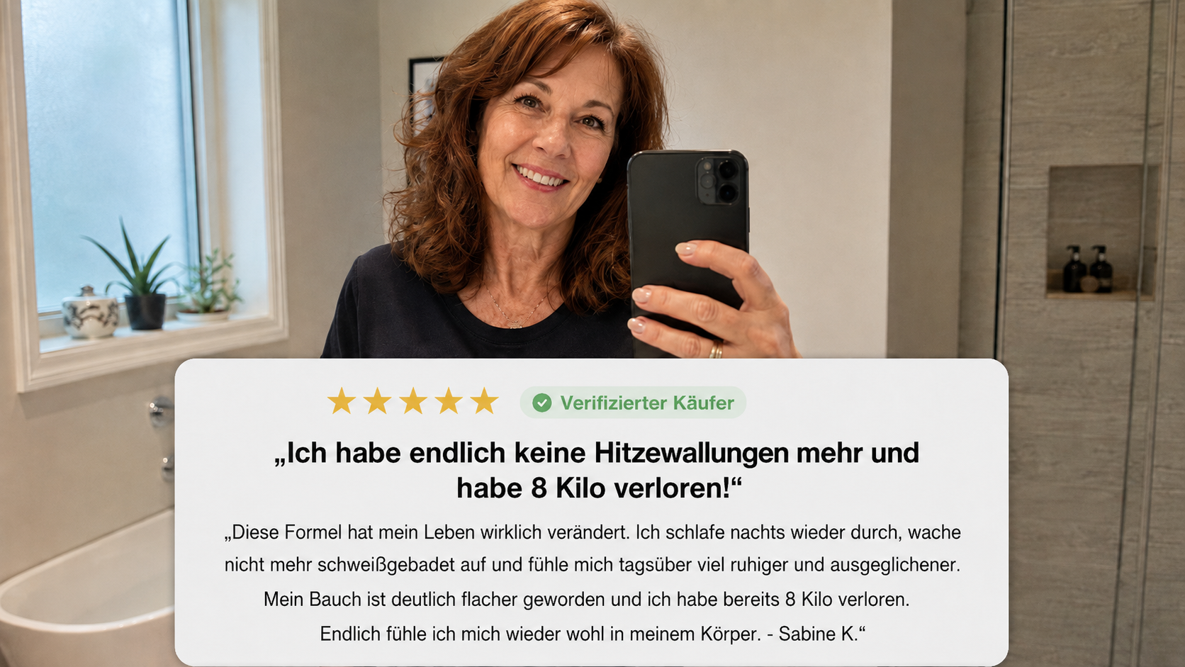 A woman takes a mirror selfie in a bathroom with an overlaid customer testimonial in German.
