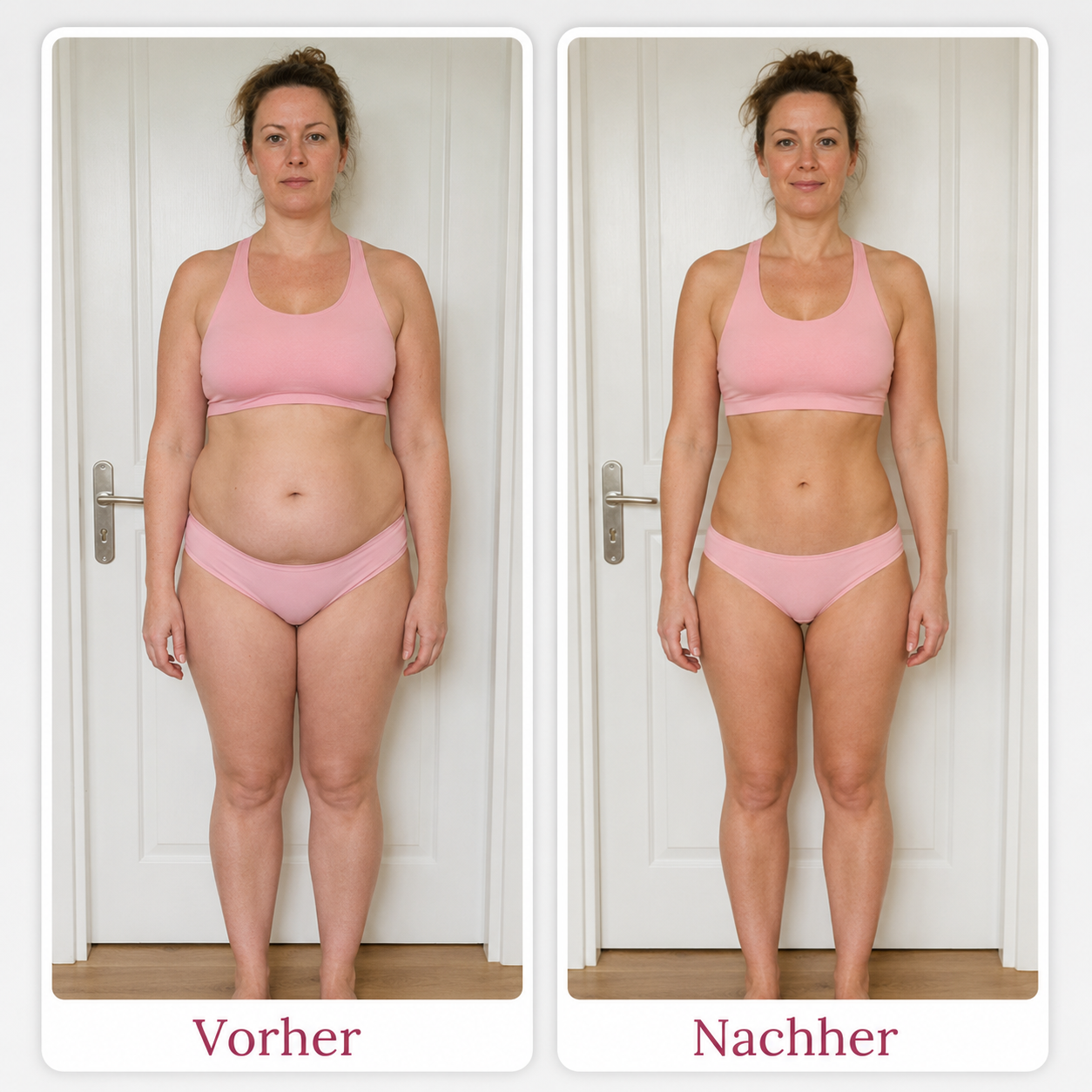 A before and after photo comparison of a woman in a pink sports bra and underwear, showing her body transformation.